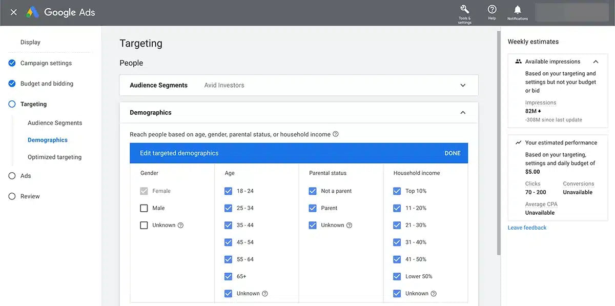 Select Targeting Settings