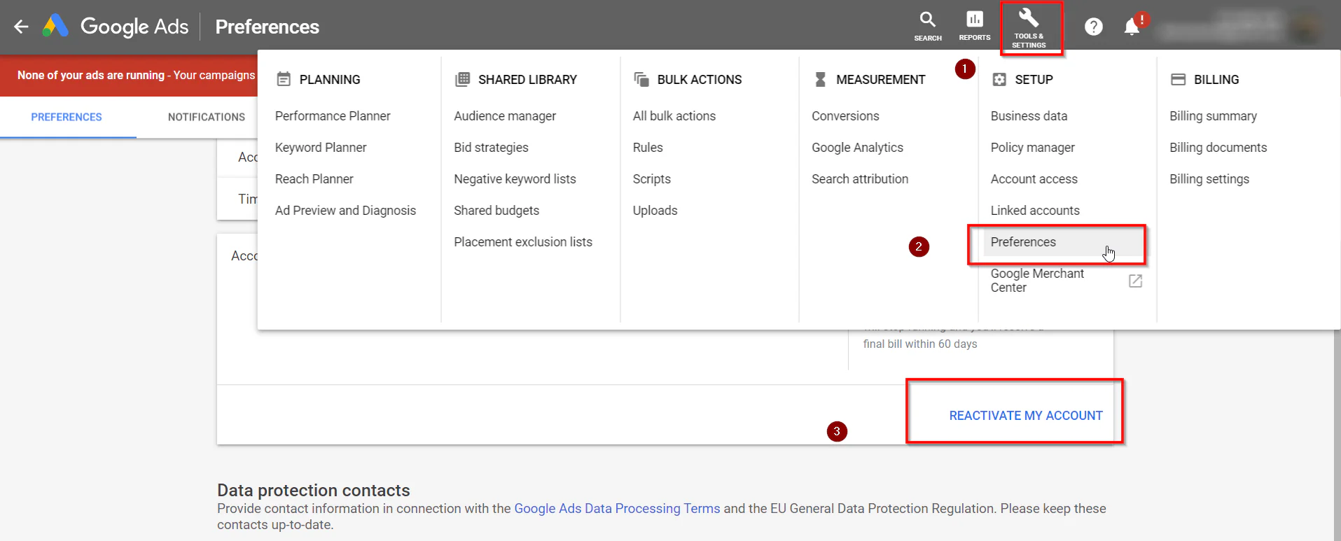 Reactivate Google Ads Account