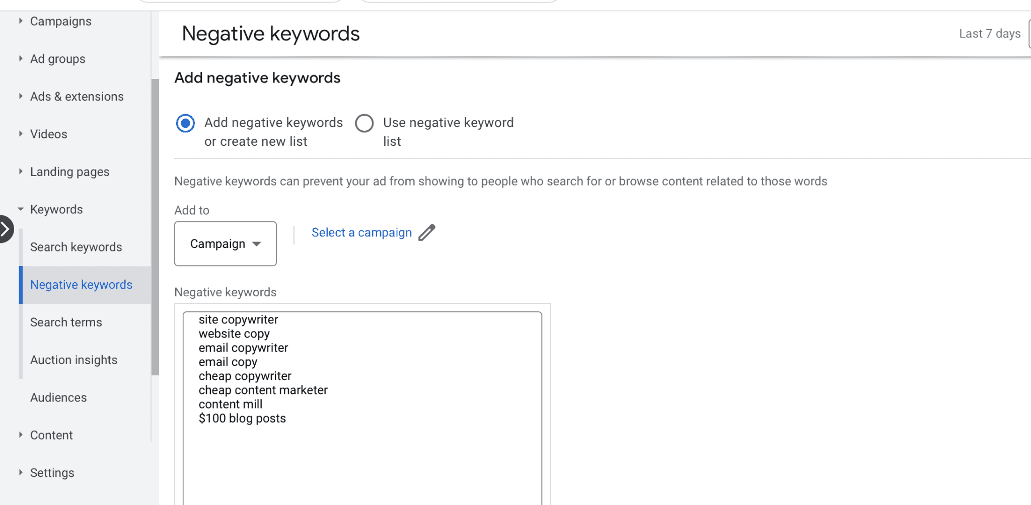 Negative keyword in campaign level