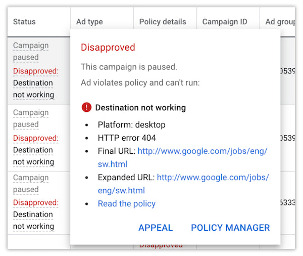 Google ads destination not working