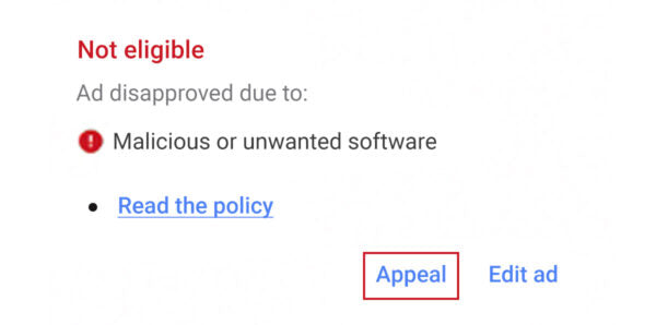 Appeal disapproved Google ads