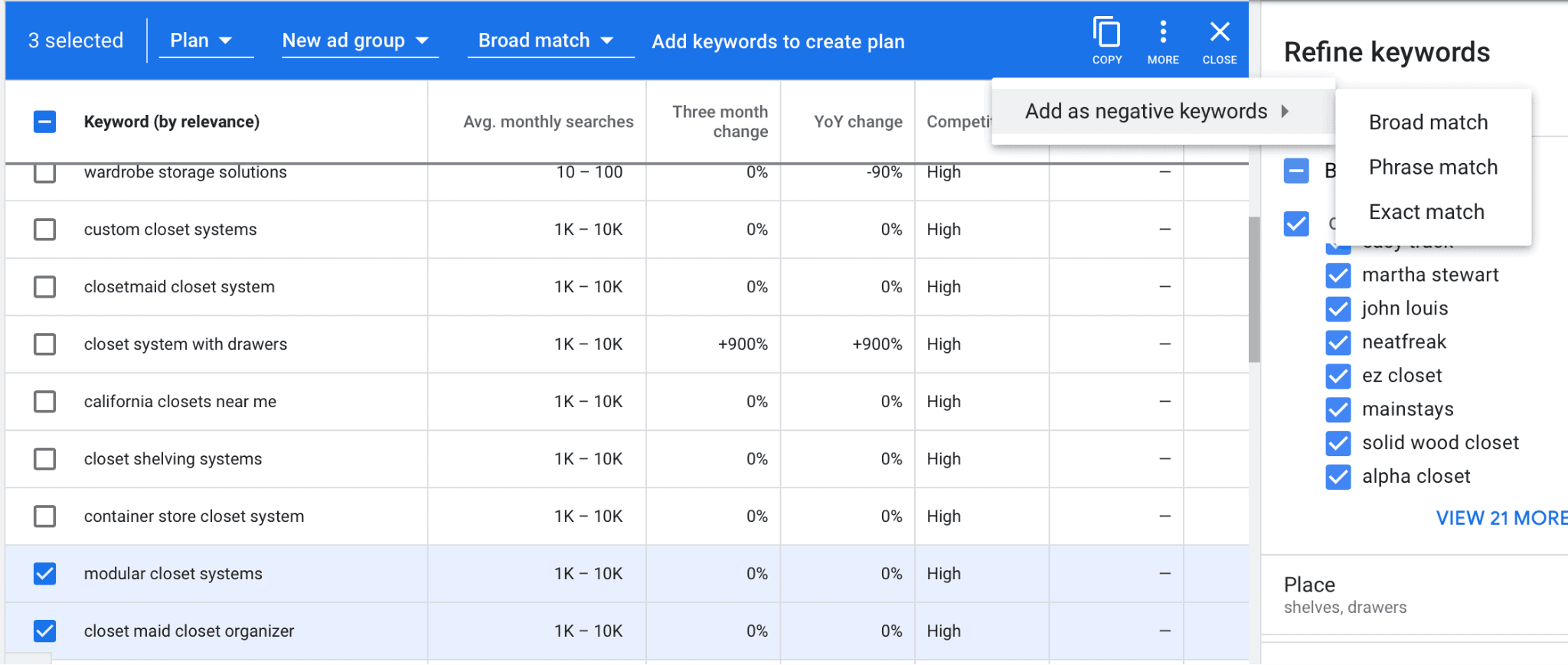 Negative keyword match types