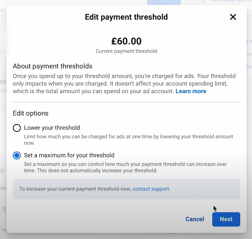 Edit Facebook payment threshold