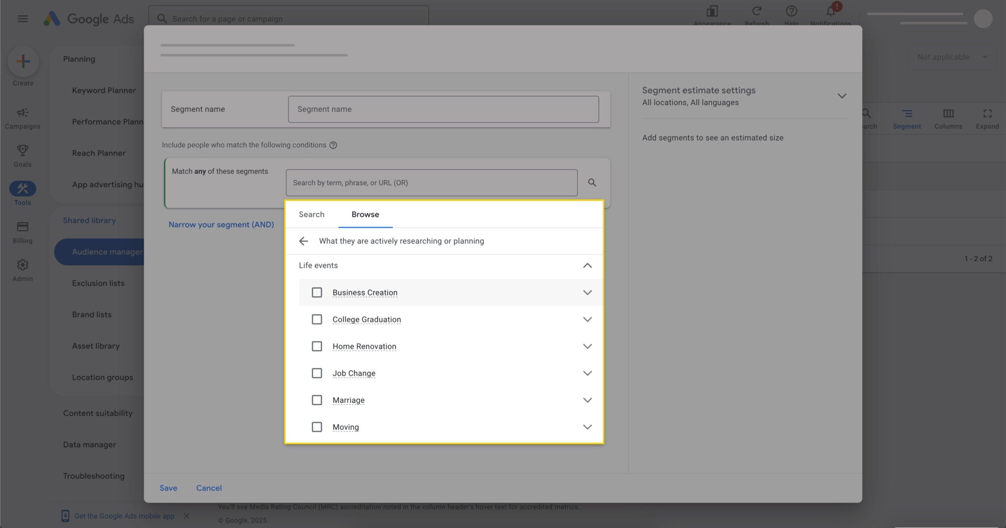 Google life-event segments
