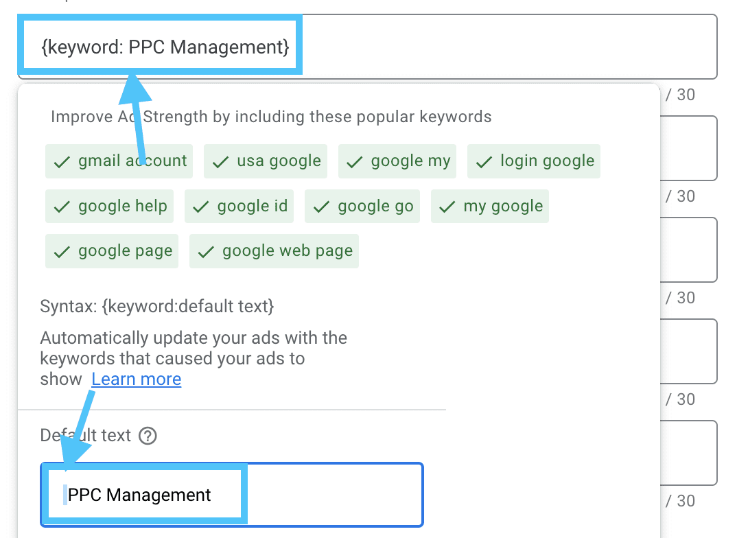 Format of dynamic keyword insertion